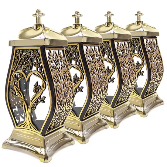Zestaw 4 zniczy Kapliczka Nagrobna ze złotym Krzyżem i zdobieniami Elegancki Lampion Pamięci